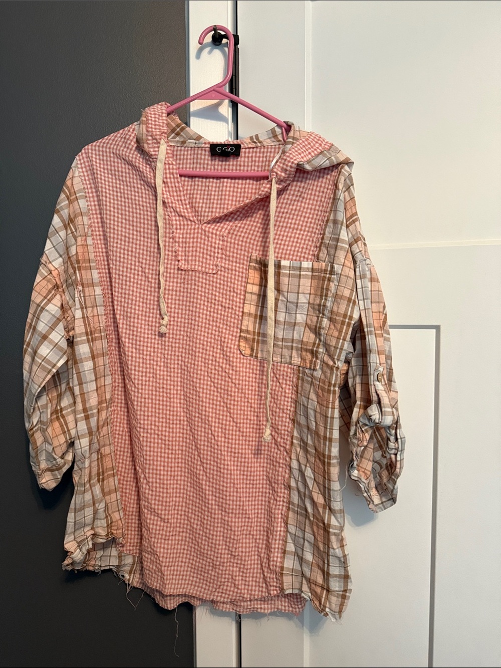 G.O. Pink Plaid Hooded Womens Top